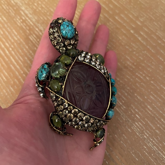 IRADJ MOINI Turtle Gemstone Brooch Pin Pendant 3.75" - Picture 9 of 10